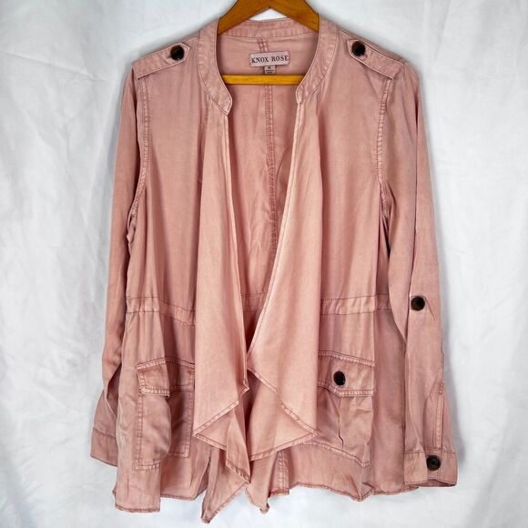 Knox Rose Pink Open Front Sharkbite Edgy Boho Layering Utility Jacket SZ Medium - Picture 11 of 11
